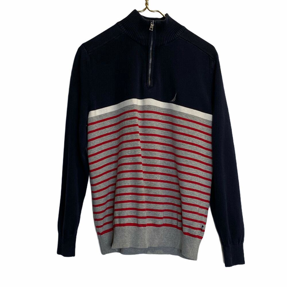 Nautica men blue red sz m striped Quarter Zip Mock Neck sweater